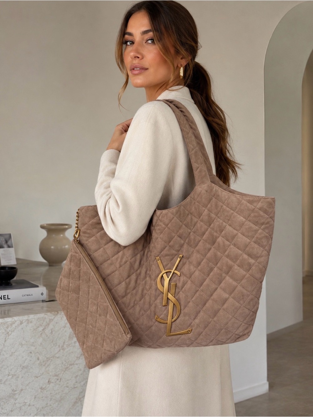 Quilted Suede Tote in Ten with Gold Logo Hardware